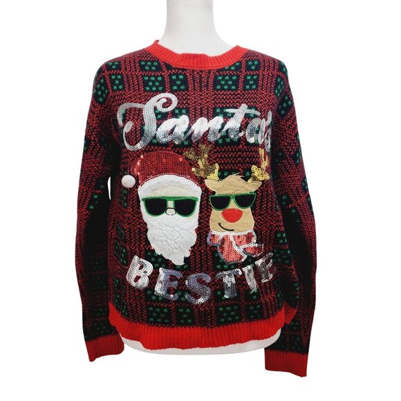 No Boundaries Sweaters - Women's Ugly Christmas Holiday Sweater Santa's Bestie Santa & Rudolph Size M